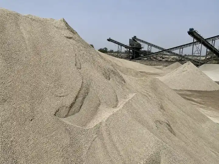Manufactured sand stockpiles at an Indian material yard