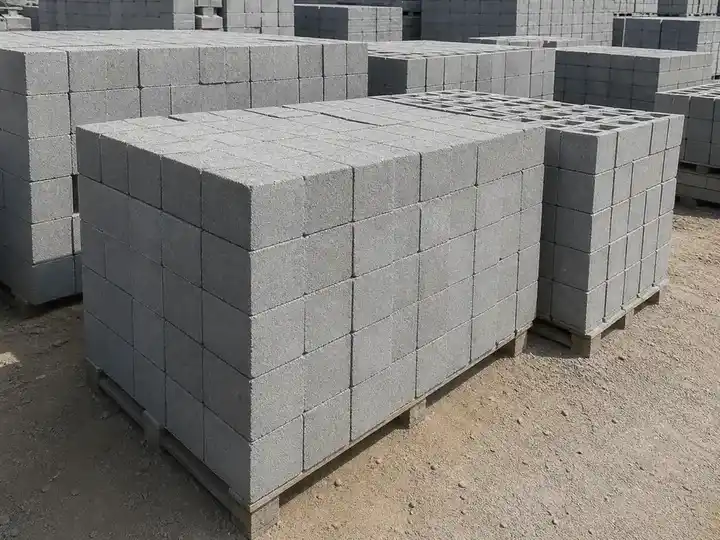 Neatly stacked gray concrete masonry blocks