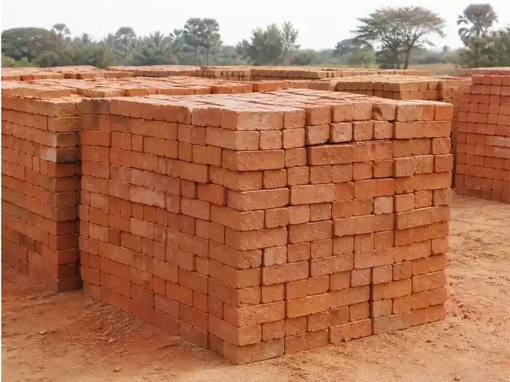 Stacks of traditional Indian red soil bricks